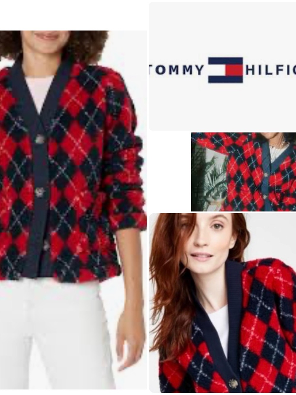 Tommy Hilfiger | Red & Hot Navy Argyle Button-Up Women's Sherpa Cardigan Sweater